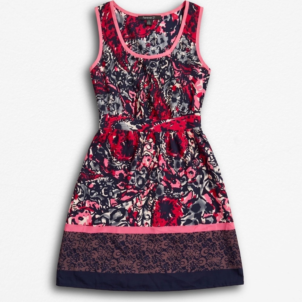 Forever 21 Pink Navy Paisley Floral Border Print Sleeveless Fit Flare Dress M
